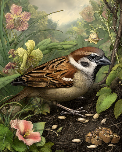 Sparrow nesting among - among, garden